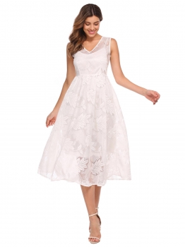

White Elegant Women's V-Neck Sleeveless Floral Lace Slim Fit Evening Party Midi Dress, Multicolor