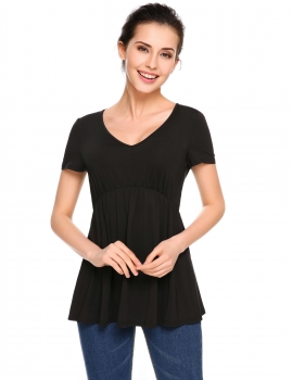 

Black Women Casual V-Neck Short Sleeve Solid Pleated Hem Slim Pullover T-shirt Tops, Multicolor