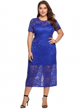 

Blue Plus Size Short Sleeve Floral Lace Slim Fit Dress, Multicolor