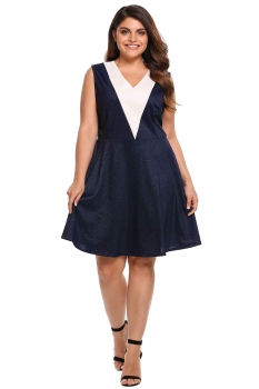 

Blue V-Neck Sleeveless Patchwork Plus Size Dress, Multicolor