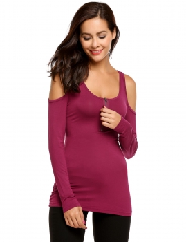 

Wine red Solid Front Zipper Cold Shoulder Slim Fit Tops, Multicolor