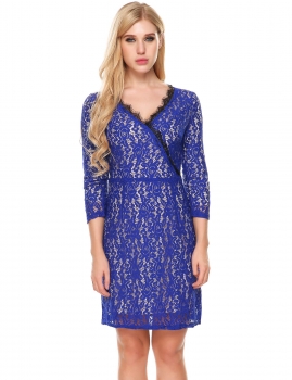 

Blue 3"4 Sleeve Lace A-Line Hem Dress with Lining, Multicolor
