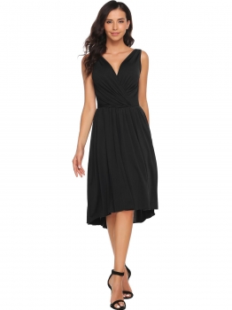 

Black V-Neck Sleeveless Solid Draped Front Irregular Hem Pleated Dress, Multicolor