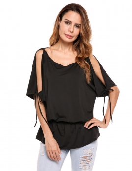 

Black Solid Boat Neck Batwing Slit Half Sleeve Loose Tops, Multicolor