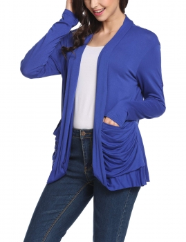 

Blue Collarless Long Sleeve Solid Pleated Pockets Elastic Cardigan, Multicolor
