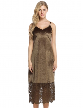 

Coffee Spaghetti Straps Lace Hem Design Patchwork Dress, Multicolor