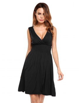 

Black Sleeveless Sundress V-neck Pleated Dress, Multicolor