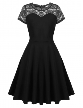 

Black Short Sleeve Lace Patchwork Party Swing Skater Dress, Multicolor