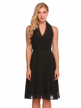 

Black Halter Sleeveless Solid Backless Chiffon Dress, Multicolor
