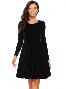 

Black Velvet Long Sleeve Solid A-Line Dress, Multicolor