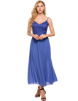 

Blue Backless Spaghetti Strap Lace Patchwork Beach Maxi Dress, Multicolor