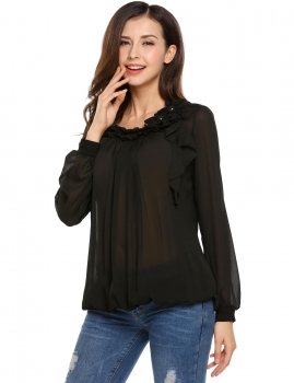 

Black 3D Flower Ruffles Neckline Long Sleeve Chiffon Tops, Multicolor