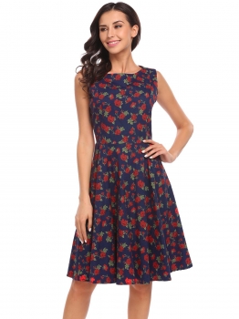 

Navy blue Vintage O-Neck Sleeveless Print Cocktail Skater Dress, Multicolor