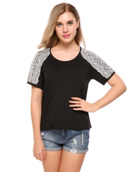 

Black Raglan Short Sleeve Contrast Color Patchwork T-shirts, Multicolor