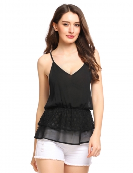 

Black Spaghetti Strap Double Layers Hem Sleeveless Chiffon Camisole Top, Multicolor