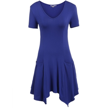 

Blue Pockets Short Sleeve Solid Asymmetrical Hem Slim Elastic Tunics, Multicolor
