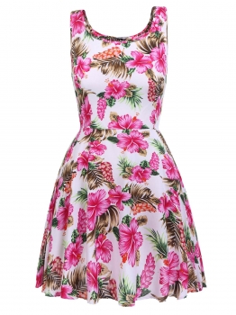 

White Plus Size Sleeveless Floral Short Dress, Multicolor
