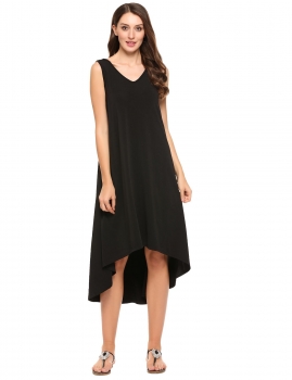 

Black Sleeveless Solid V Neck Low-High Hem Maxi Dress, Multicolor