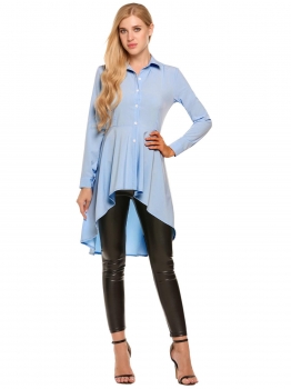 

Blue Swallowtail Hem Button Down Collar Long Sleeve Solid Shirt, Multicolor