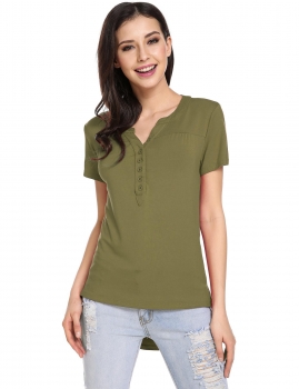 

Army green V-Neck Short Sleeve Solid Side Split Asymmetrical Hem Pleated Elastic T-Shirt, Multicolor