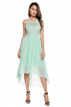 

Light green O-Neck Sleeveless Embroidery Asymmetry Dress, Multicolor