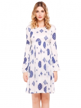 

White Long Sleeve Print Pleated Neck Dress, Multicolor