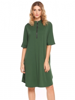 

Army green Half Sleeve Front Zipper Solid Split Loose Dress, Multicolor