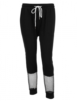 

Black Drawstring Plus Size Fishnet Patchwork Ankle Athletic Pants, Multicolor