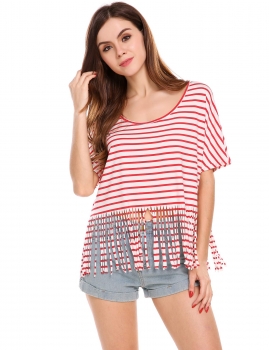 

Red Striped Batwing Sleeve Fringe Loose Fit T-Shirt, Multicolor