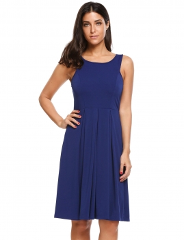 

Blue Scoop Neck Sleeveless Solid A-Line Dress, Multicolor