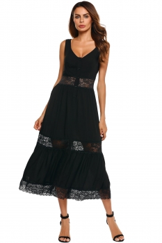 

Black Plunging Neck Lace Patchwork Buttoned Front Tank Dress, Multicolor