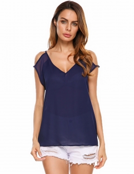 

Blue V-Neck Cold Shoulder Solid Loose Fit Chiffon Tops, Multicolor