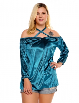 

Blue Plus Size Halter Neck Glitter Long Sleeve Solid Top, Multicolor