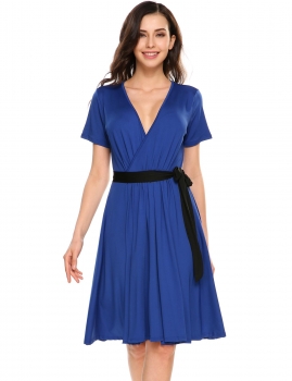 

Blue V Neck Solid Ruched Pleated Belted Dress, Multicolor