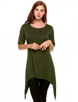

Army green Asymmetrical Pleated Hem Mid-Long Elastic Pullover T-Shirt, Multicolor