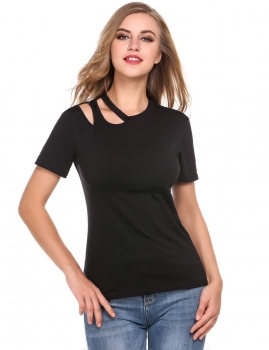 

Black Cut Out Solid Summer O-Neck Short Sleeve T-Shirt, Multicolor