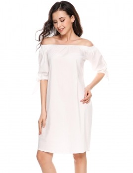 

Beige Slash Neck Off the Shoulder Bow A-Line Loose Dress, Multicolor