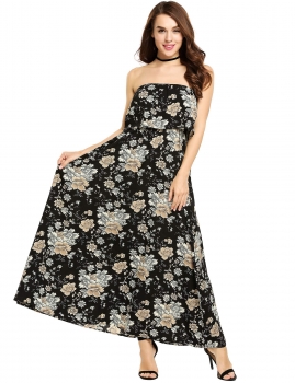 

Black Strapless Ruffles Sleeveless Floral Print Dress, Multicolor