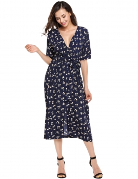 

Navy blue Floral Print V-Neck Half Sleeve Split Casual Midi Dress with Belt, Multicolor