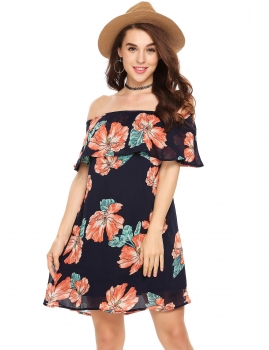 

Navy blue Off The Shoulder Ruffles Floral Print Chiffon Dress with Pocket, Multicolor