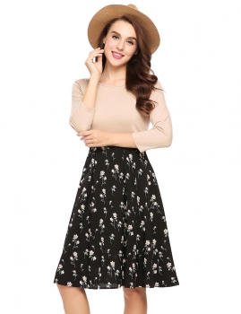 

Apricot 3"4 Sleeve Floral Print Patchwork O-Neck Dress, Multicolor
