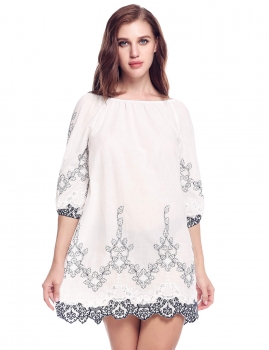 

Blue Ethnic Style Elastic O-Neck 3"4 Lantern Sleeve Casual Dress, Multicolor