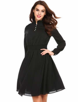 

Black Stand Collar Lantern Sleeve Button Front Dress, Multicolor