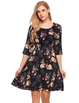 

Black Retro Floral Print 3"4 Sleeve High Waist Tunic Dress, Multicolor