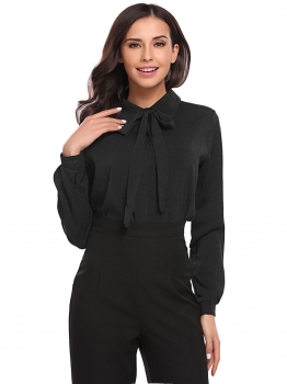 

Black Women Tie-Neck Long Sleeve Chiffon Blouse Shirt, Multicolor