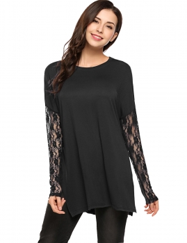 

Black Round Neck Patchwork Lace Long Sleeve Tops, Multicolor