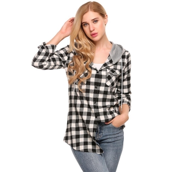 

Black Hooded Long Sleeve Plaid Button Down Casual Shirts, Multicolor