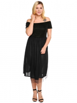 

Black Off Shoulder Shimmer Tulle Overlay Dress Plus Size, Multicolor