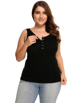 

Black Plus Size Scoop Neck Button Front Solid Casual Tank Top, Multicolor