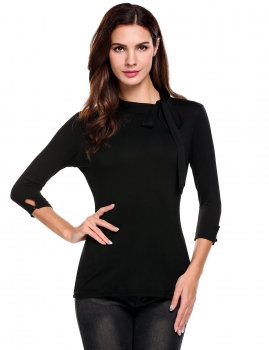 

Black Lace-up Stand Collar 3"4 Sleeve Solid Elastic Slim Pleated T-Shirt, Multicolor